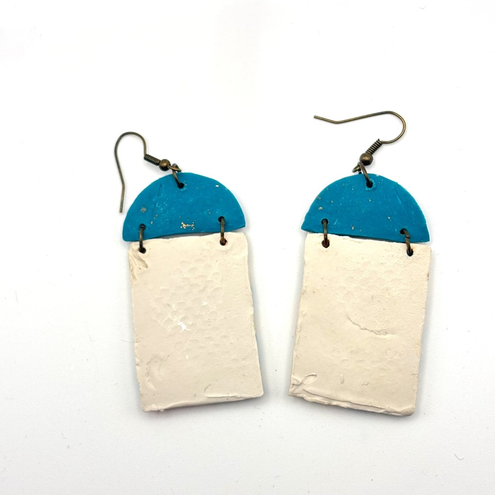 Handmade‎ Polymer Clay Peach Teal Floral Gold Flecks Rectangular Dangle Earrings - Picture 5 of 5